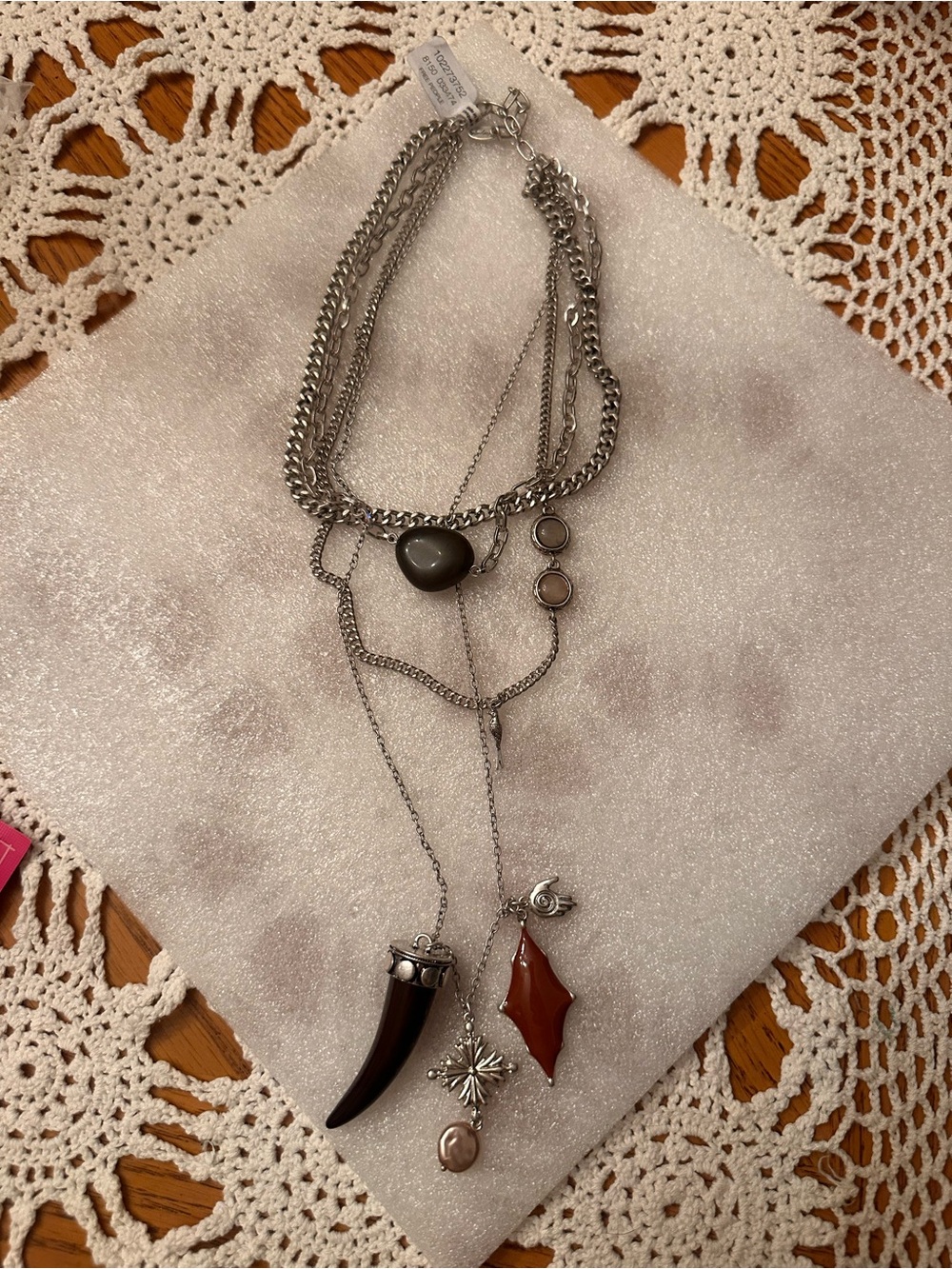 Free People Zella Silver Tone Layered Necklace with Brown Horn and Red Charm NWT